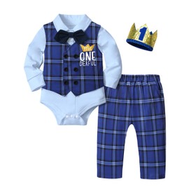 Aulyffo First Birthday Boy Outfit,1st Birthday Outfit Boy Mr Onederful Long Sleeve Romper + Double Breasted Vest+ Pants + Bowtie + Cute Hat 5Pcs Baby Boy First Birthday Outfits Blue Plaid