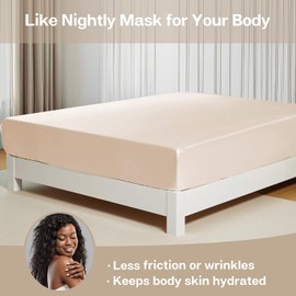 MR&HM Satin Fitted Sheet California King Size, Silky Bottom Sheet with Elastic Corner Straps, Deep Pocket up to 15 Inch, No More Slipping Off for Mattress - 1 Fitted Sheet Only (Beige)