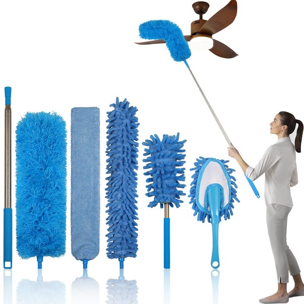 Duster Telescopic Washable 6 Pieces Duster with Stainless Steel Telescopic Rod for Blankets Cobwebs Microfibre, Bendable Dust Brush, Dust Brush Cleans Corners, Telescopic Rod Extra Long 256 cm