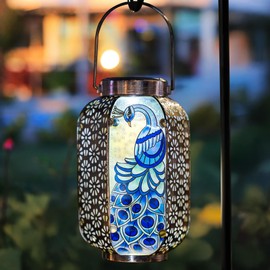 Peacock Solar Lantern Stained Glass & Metal Outdoor Lantern Waterproof Peacock Hanging Metal Decorative Lights for Patio Table Garden Pathway Yard