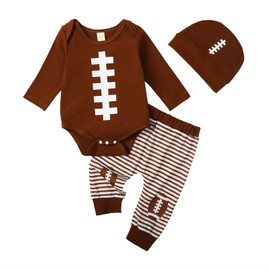 BULINGNA Infant Baby Boy Football Outfits Long Sleeve Bodysuit Romper Striped Pants with Hat Fall Clothes Set (Brown, 6-12 Months)