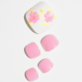 GLAMERMAID Press on Toe Nails, Spring Summer Light Pink Flower Glue on Toe Nails, 24Pcs Floral Glossy Round Reusable UV Finish Fake Toe Nails Acrylic False Nails Manicure Kits for Women Girls Gift