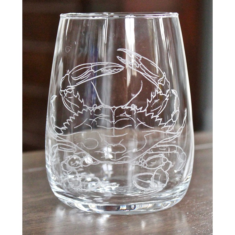 HullSpeed Designs Blue Crab Engraved Stemless Wine Glasses (set of
