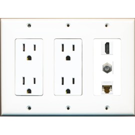 RiteAV 15 Amp Duplex Power Outlets (x2) and 1 HDMI Cat6 Coax Wall Plate White
