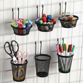 Otoolling 6 Pcs Grid Wall Cups with Ring Hooks Hanging Pencil Holder Wall Mount Wire Grid Panel Pen Holder Cup for Gridwall Paperclip Organizer Holders Gridwall Accessories for Office Home
