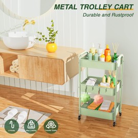 LEHOM 3 Tier Rolling Storage Cart, Metal Trolley Utility Cart with Wheels & Hooks, Easy Assembly Organizer Storage Cart for Bathroom Kitchen Office Bedroom