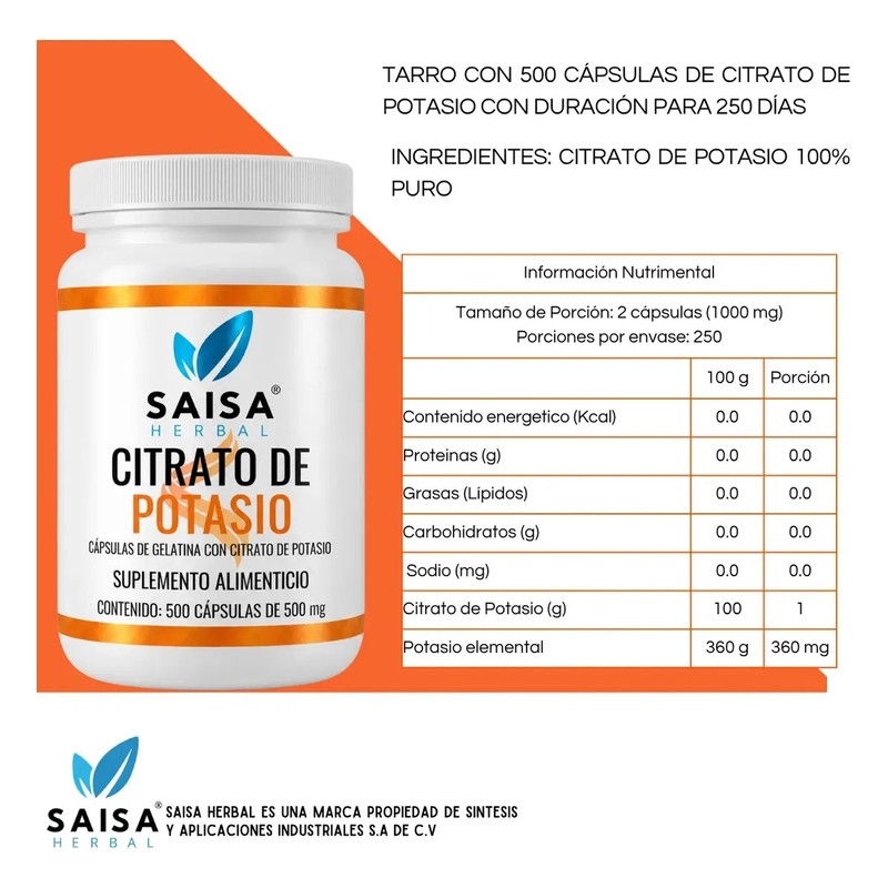 Saisa Herbal Citrato De Potasio En Polvo 500 G Suplemento
