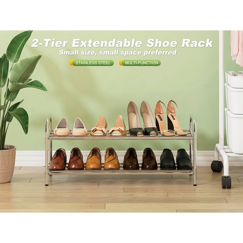 SKIKEN 2-Tier Expandable Shoe Rack - 100% Stainless Steel,4-Rod Extendable