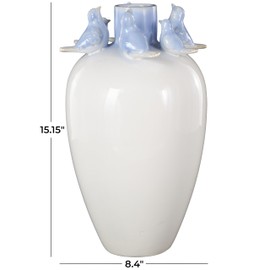 Deco 79 Ceramic Bird Decorative Vase Centerpiece Vase with Blue Accents, Flower Vase for Home Decoration 8" x 8" x 15", White