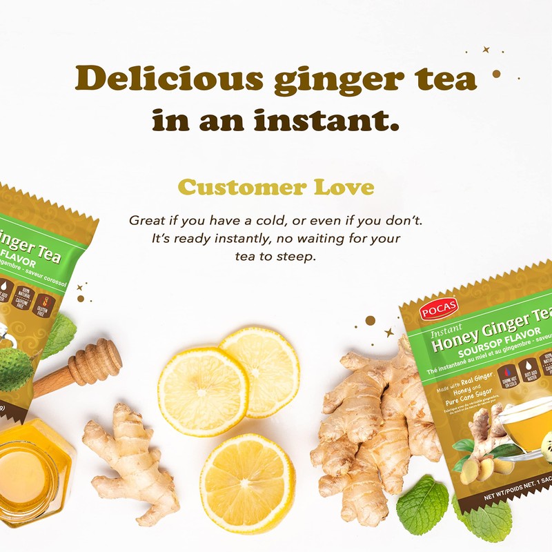 Pocas Honey Ginger Instant Tea Powder, Soursop Flavor, Real Ginger