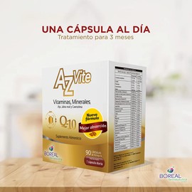 Suplemento Alimenticio AzVite caja c/ 90 Cápsulas. Multivitamínicos. Suplementos Nutricionales. Multivitaminas para Adultos. Vitaminas y Minerales Jalea Real