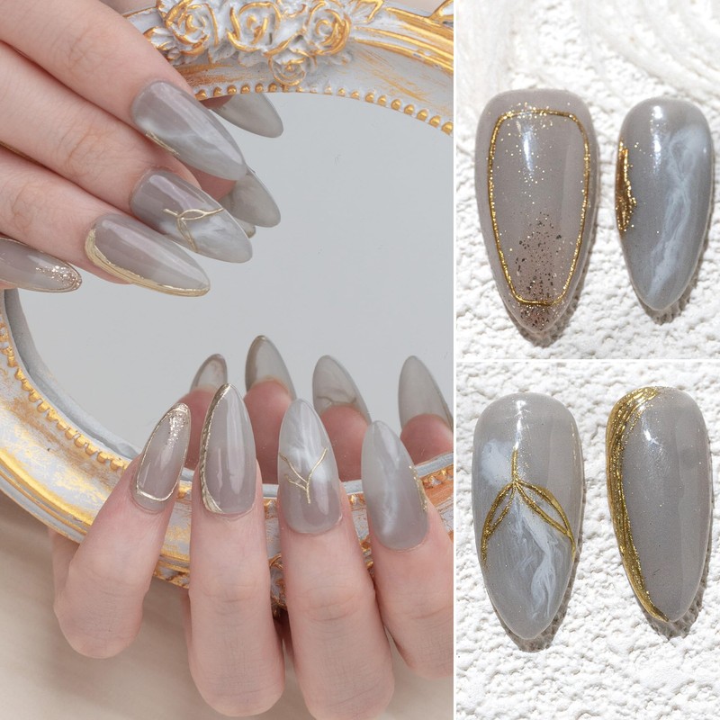 Sun&Beam Nails Handmade Nail Tips, Medium, Long, Almond, Blue, Gold,