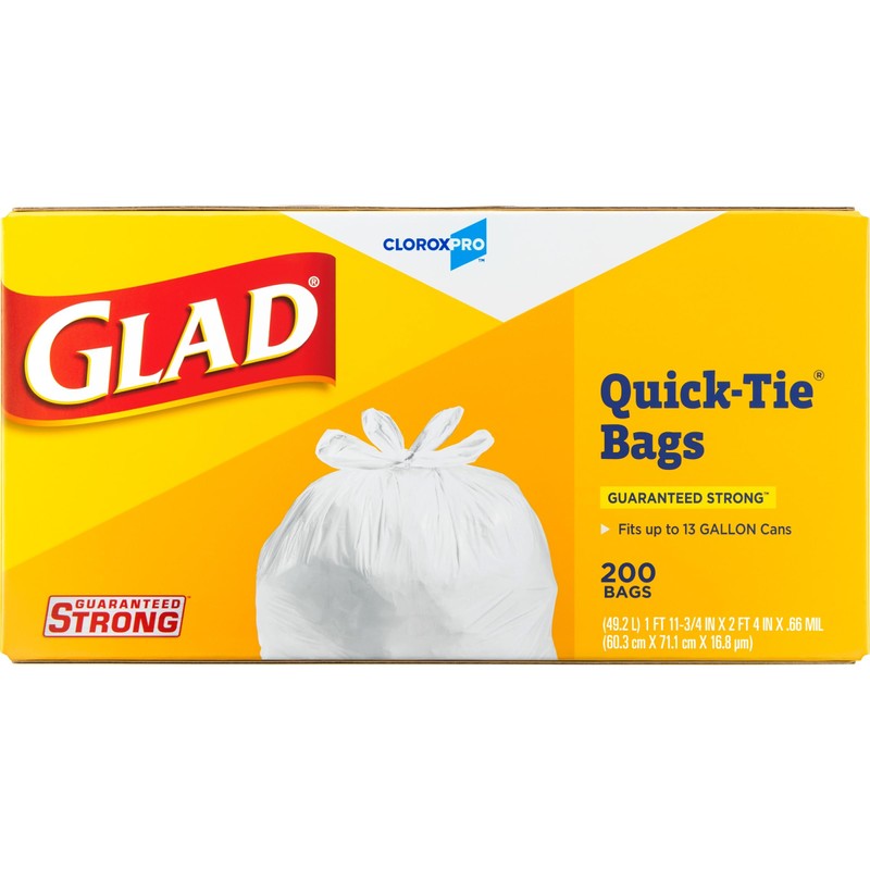 Glad CloroxPro Quick-Tie Tall Kitchen Trash Bags, 13 Gallon, 200
