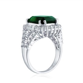 Bling Jewelry 7CT Cubic Zirconia CZ Pave Rectangle Green Simulated Emerald Cut Statement Fashion Ring for Women Silver Plated Brass