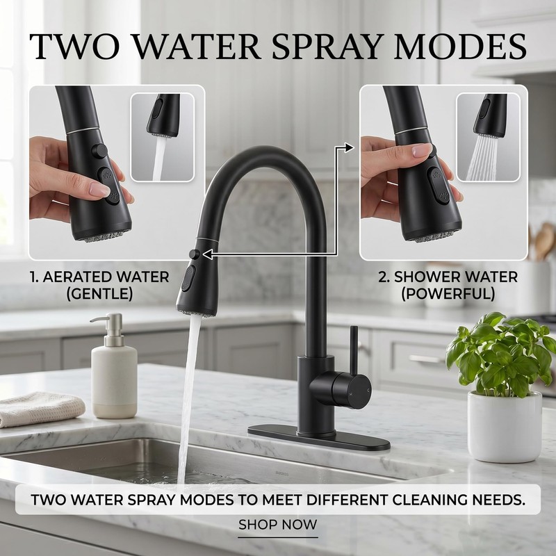 KINGO HOME Kitchen Faucets with Pull Down Sprayer,Matte Black,Lead-Free
