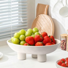 OdoVow Ceramic Fruit Bowl, Fruit Bowl for Kitchen Counter, Three-Legs Decorative Bowl for Table Décor, 10 inch Oval Footed Decorative Bowls, Fruit Storage Holder, Key Bowl for Home Decor (White)