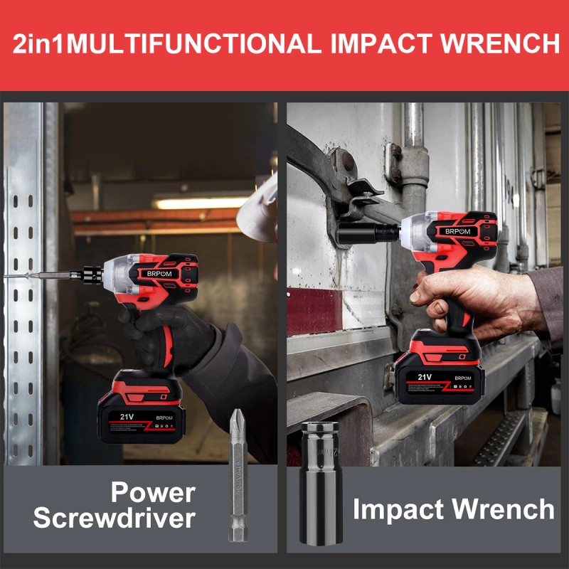 BRPOM 21V Cordless Electric Impact Wrench Gun 1/2'' with 2x