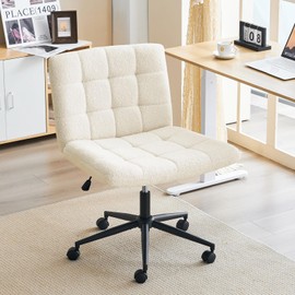 Furnimart Criss Cross Desk Char Wide Seat with Wheels, 360° Swivel Cross Legged Desk Chair Thick Cushion, Faxu Fur Comfy Armless Home Office Chair for Bedroom, Vanity, Sturdy (White)