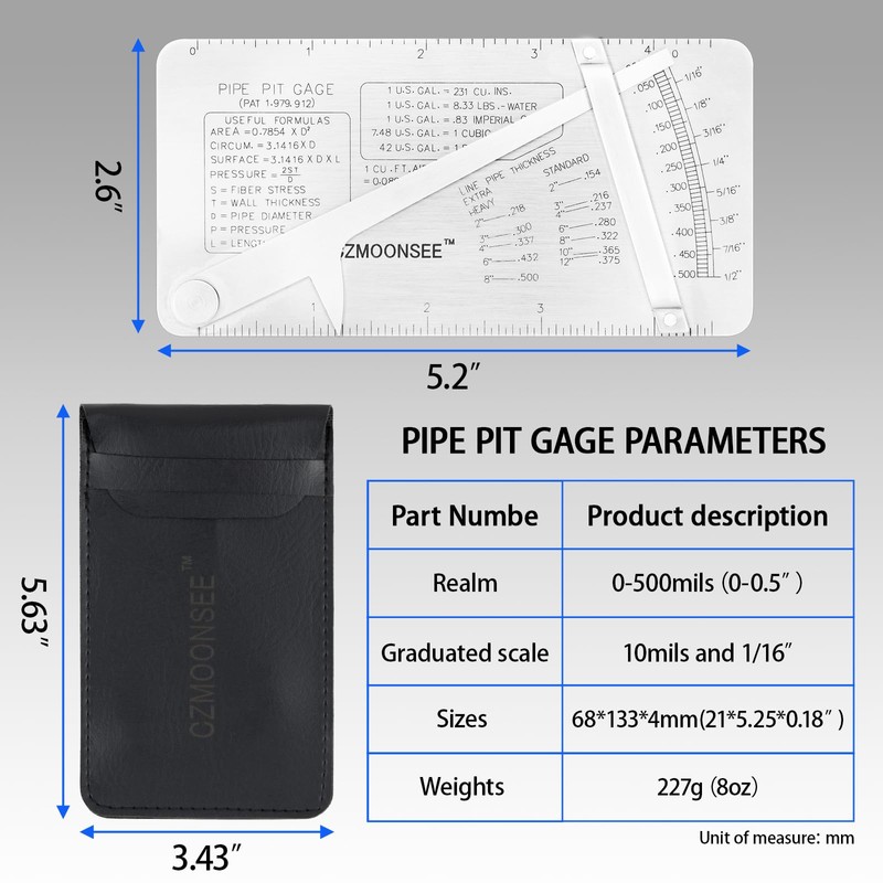 CZMOONSEE Pipe Pit GAGE Stainless Steel Measuring Gauge Pipeline Mine