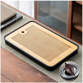 14 Inch Bamboo Chinese Gongfu Tea Tray with Water Storage Drainage, Chinese Gongfu Tea Tray Table Box for Kungfu Tea Set. Suitable for Teahouse Home Office (Yellow+Black)
