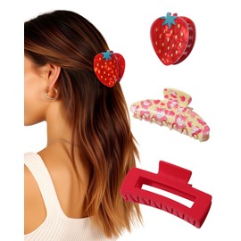 ACECHA 3 Pack Fruit Hair Claw Clips for Women, Non-slip Acrylic Cherry Strawberry Lemon Hairclips Cute Hair Claws for Styling for Spring Summer Party (Strawberry)