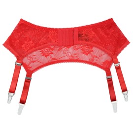 Luxallacki Ladies Delicate Floral Lace Suspender Belt with 4 Adjustable Straps and Metal Clips, Red button clip