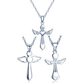 Yumilok 925 Sterling Silver Cubic Zirconia Angel Wings Heart Cross Pendant Necklace Set Chain with Pendant for Women Girls 3 Pieces, Sterling Silver Cubic Zirconia, Cubic Zirconia