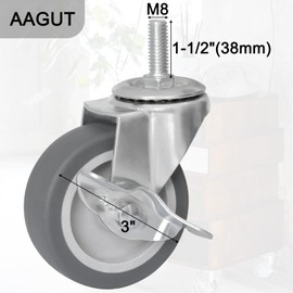 AAGUT 3 Inch Caster Wheels with Locking Brakes, Rubber Heavy Duty M8 x 1.5" Threaded Stem Industrial Castors Replacement for Workbench,Carts,Furniture,Dolly,Trolley, 4 Packs