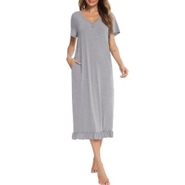 Vlazom Women's Long Nightgown V Neck Sleep Shirt Nightdress Jersey Nightshirt for Loungwear Sleepwear, A-Gray, XL