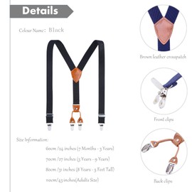 AWAYTR Boys Men Y-back Suspender- 1 Inch Elastic Adjustable Boy Suspenders with 4 Sturdy Clips (Brown leather) (Black?31 inches (9 Years - 5 Feet Tall))