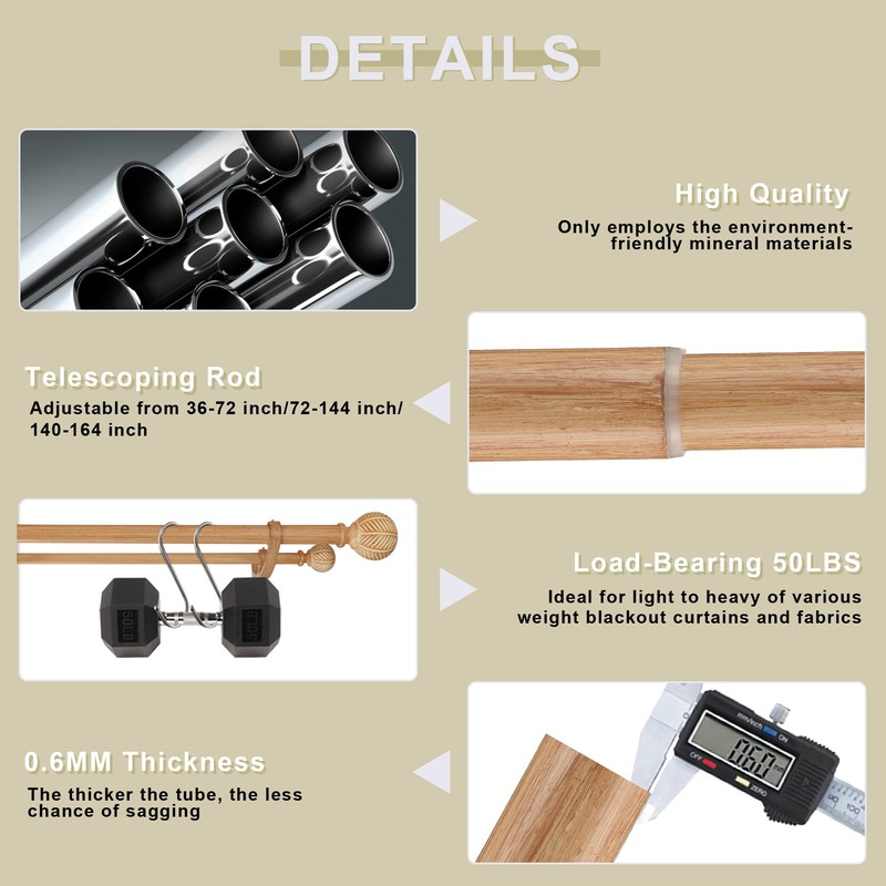 Mayrhyme Wood Double Curtain Rods Set for Windows 36 to