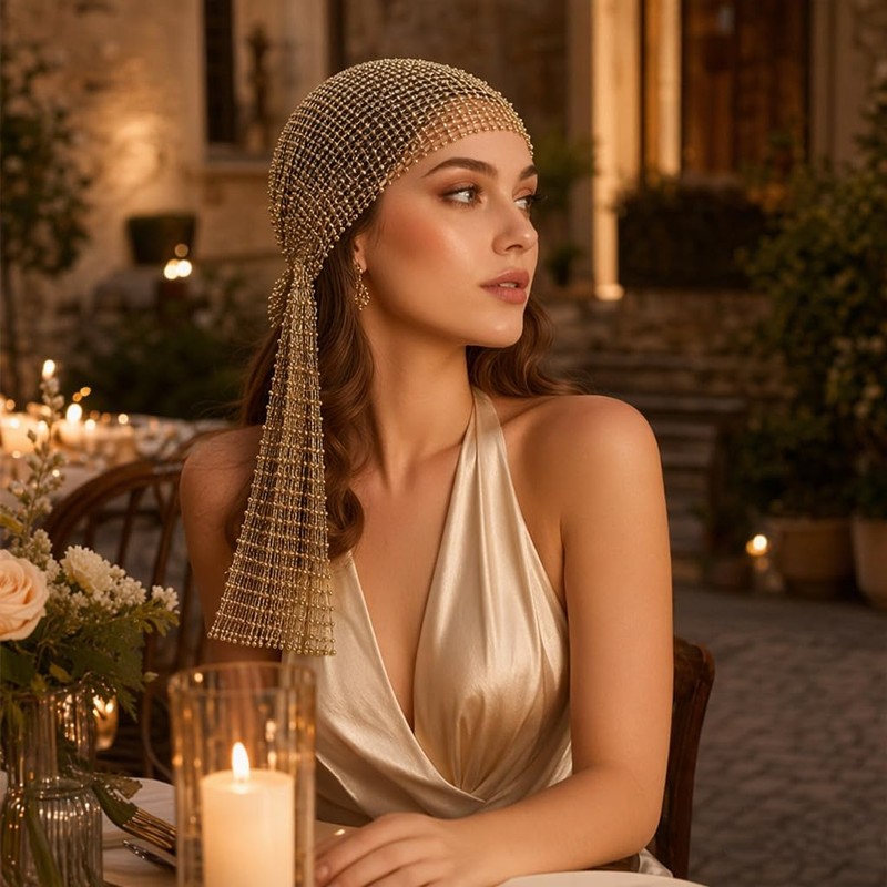Gold Headpiece, 90cm Chainmail Sequin Bandana Hair Accessory