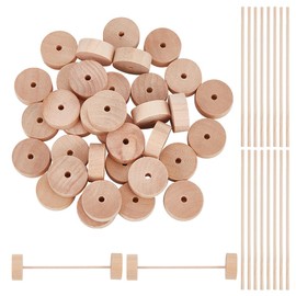 DELORIGIN 36 Pack 1" Wood Craft Wheels with 18Pcs Sticks, Slab Mini Wooden Wheels with 0.16 inch Holes, Unfinished Flat Wheels for Crafts DIY Cars Painting Colors Wood Working Pegboards