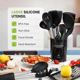 Fyvva Large Cooking Utensils Set, 35 Pcs Kitchen Utensils Set with Holder, Silicone Spatula Set with Stainless Steel Handle, Whisk, Basting Brush, Kitchen Gadgets for Nonstick Cookware (Black)
