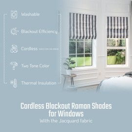 Everyday Celebration Roman Shades for Windows, 100% Blackout Shades, Cordless Pull Down Window Shades, Vertical Stripe Shades for Indoor Windows, Woven Fabric Blinds & Shades, 36" W X 64" H, (Blue)