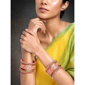 Aheli Traditional Wedding Designer Silk Thread Faux Stone Studded Bridal Bangle Set Chuda Indian Ethnic Bollywood Fashion Jewelry Gift for Women Pink