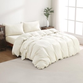 100% Pure Linen Duvet Cover Set - Soft, Breathable & Durable with Button Closure and Corner Ties, Natural Washed French Flax (3P-Cream White, 1Duvet Cover + 2Pillowcases - Full/Queen)