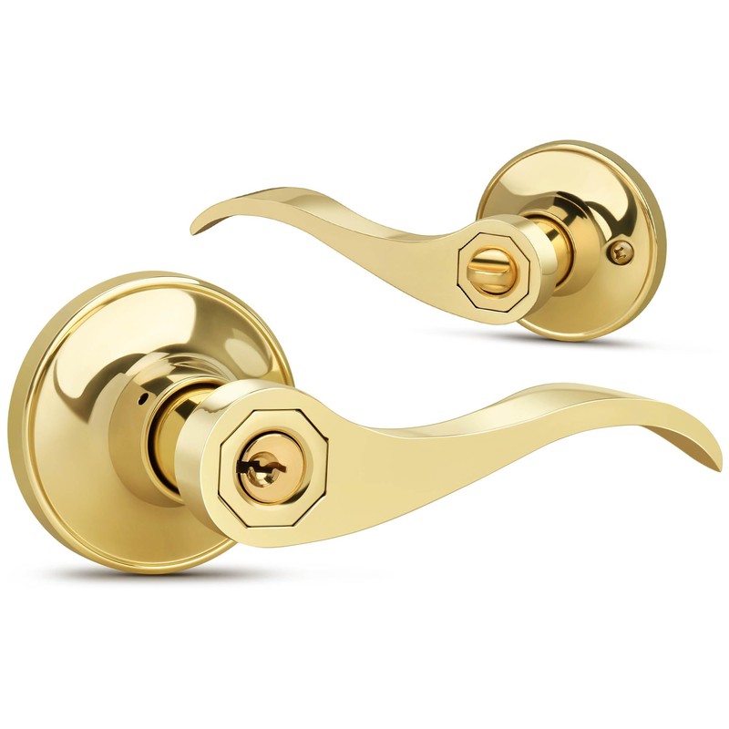 Moquin Wavy Style Gold Door Handle with Lock and Key,
