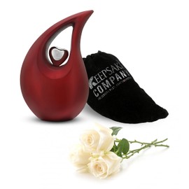 Red Tear Drop Medium Size Urns for Human Ashes with Silver Heart (6 Inch Height) - Unique Medium Urn - Decorative Urns - Cremation Urn - Burial Urns - Keepsake Urn - Funeral Urn - Small Pet Urns