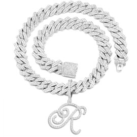 PTJDSMF Gold Silver Plated Initial Cuban Link Chain Necklace for Women Cursive Letter Gold Miami cuban link chain Iced out chain with pendant for women (Silver, R)