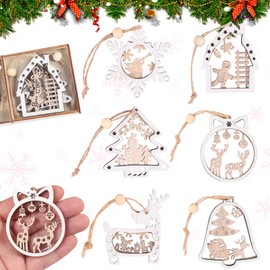 Norvens Wooden Christmas Ornaments, 6 Pieces Christmas Ornaments Christmas Hanging Ornaments Hollow Wood Carving Ornaments Elk Snowflake Pendant Christmas Tree Decoration DIY Crafts Gift