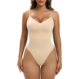 YIANNA Shapewear for Women Tummy Control Seamless Bodysuit Waist Shaping Body Shaper Thong, YA5215-Beige-XXS/XS
