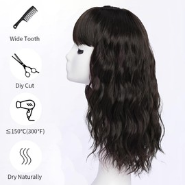 simkaylee Dark Brown Wigs with Bangs for Women Synthetic 16inch Medium Length Wigs with Natural Long Wavy Fringe Bang wig Heat Resistant Hair for Daily Party Use