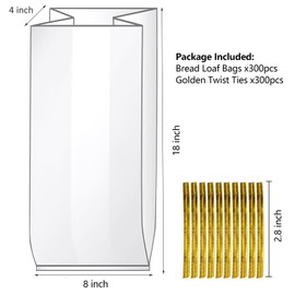 Nicunom 300 Pack Bread Bags with Ties, Reusable Plastic Bread Bags Clear Bread Loaf Storage Bags for Home Bakery Bread, Bread Wrappers Packaging, 18x4x8 Inches
