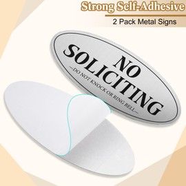 Wonderjune 2 Pcs No Soliciting Sign for House 7.1 x 3 inches Strong Self-Adhesive Aluminum No Solicitation Knock or Ring Bell Sign for Front Door Home Durable UV Weather Resistant(Silver)