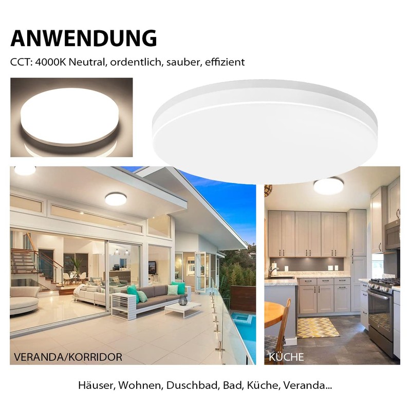 LVWIT 18 W LED Round Ceiling Light, IP65 Waterproof Bathroom