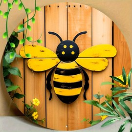 1 unidad, redondo de 20 x 20 cm, decoración de pared de abeja de aluminio, juego de 1, cartel de aluminio para exteriores, resistente a la intemperie, preperforado, impermeable para el hogar, sala de
