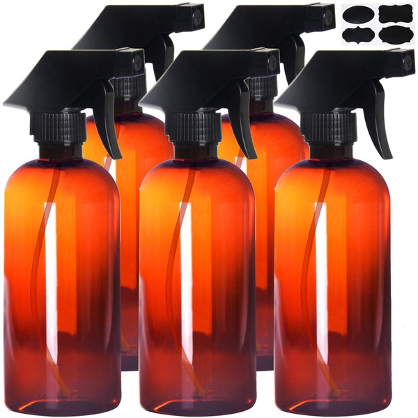 Youngever 5 Pack Empty Amber Plastic Spray Bottles, 16 Ounce Refillable Container for Essential Oils, Cleaning Products, or Aromatherapy, Trigger Sprayer with Mist and Stream Settings