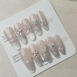 100% 5D Handmade Press on Nails with Charms Long Almond Nails Press ons- Rhinestones Pearl Butterfly False Nails Ombre Pink Press on Nails Ombre Summer Fake Nails for Women DIY Manicure Size M