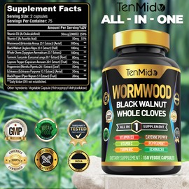 Tenmido Wormwood Capsules Supplement for Men and Women, 10in1 Formula with Black Walnut, Whole Cloves, Turmeric, Cayenne Pepper & More - Digestive, Immune Support - Nutrient Rich - 150 Capsules